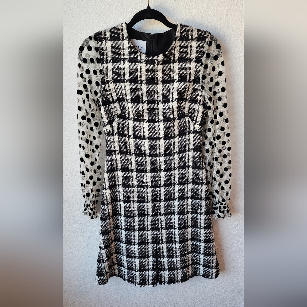 AKRIS Punto Black White Tweed Swiss Dot Sleeve Dress Size 4 - Picture 3 of 10